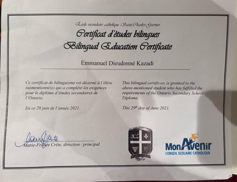 Verified degree or teaching certification of Emmanuel