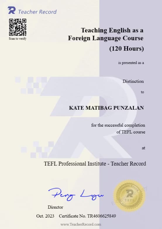 Verified degree or teaching certification of Kate