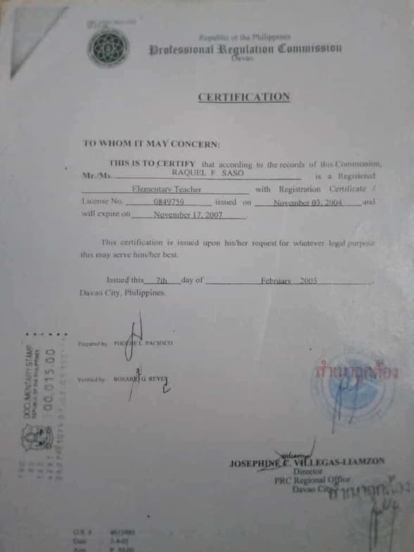 Verified degree or teaching certification of Raquel