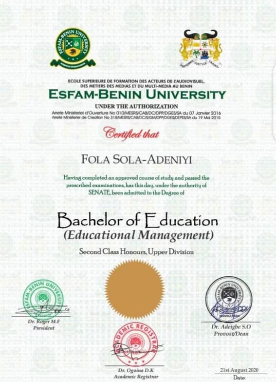 Verified degree or teaching certification of Fola