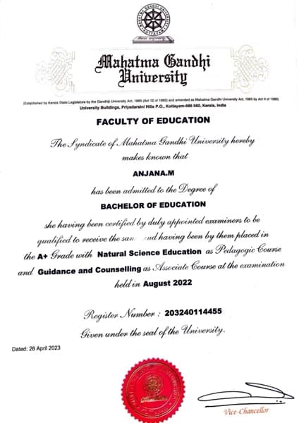 Verified degree or teaching certification of Anjana