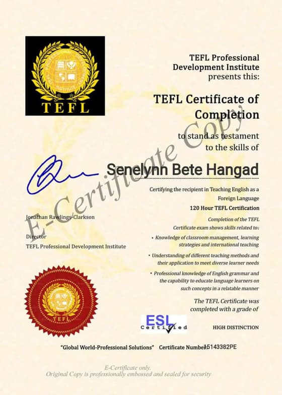 Verified degree or teaching certification of SENELYNN