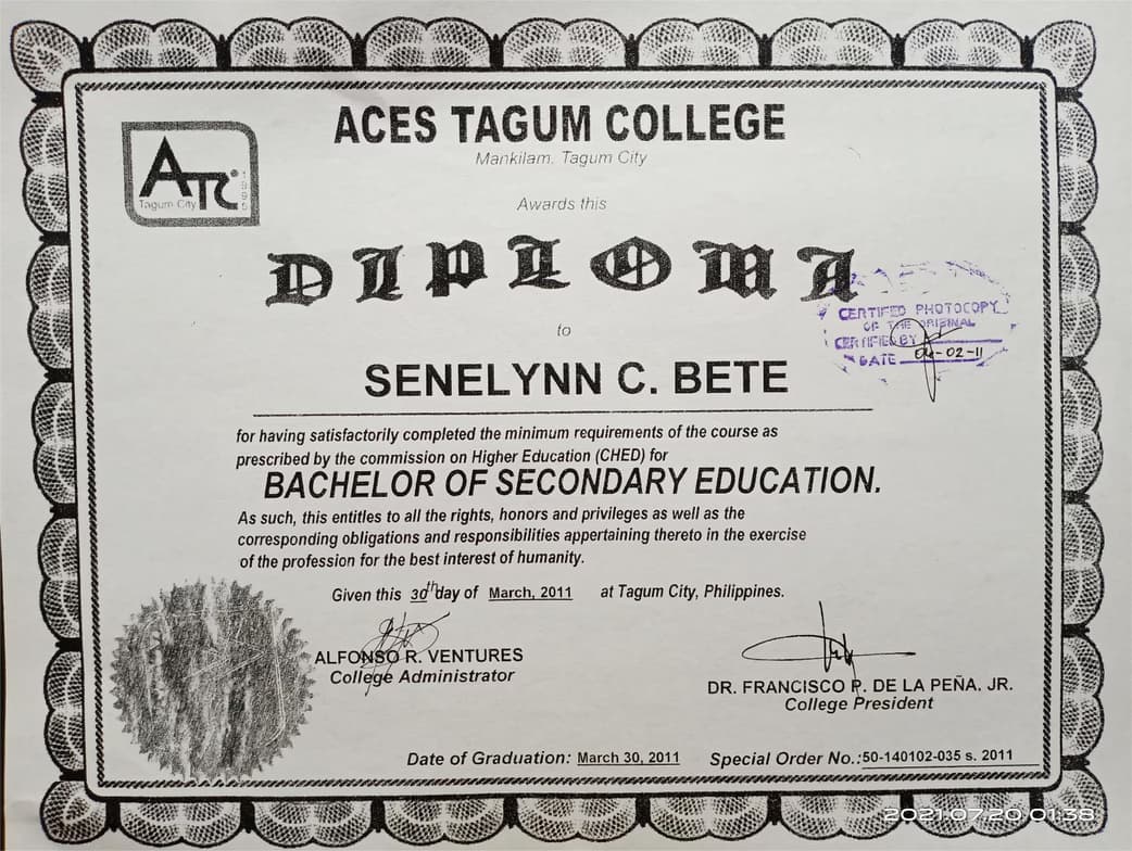 Verified degree or teaching certification of SENELYNN