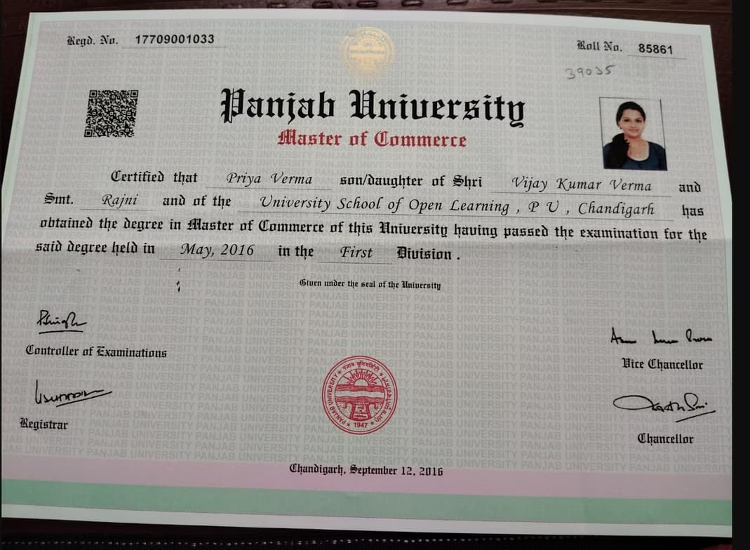 Verified degree or teaching certification of Priya
