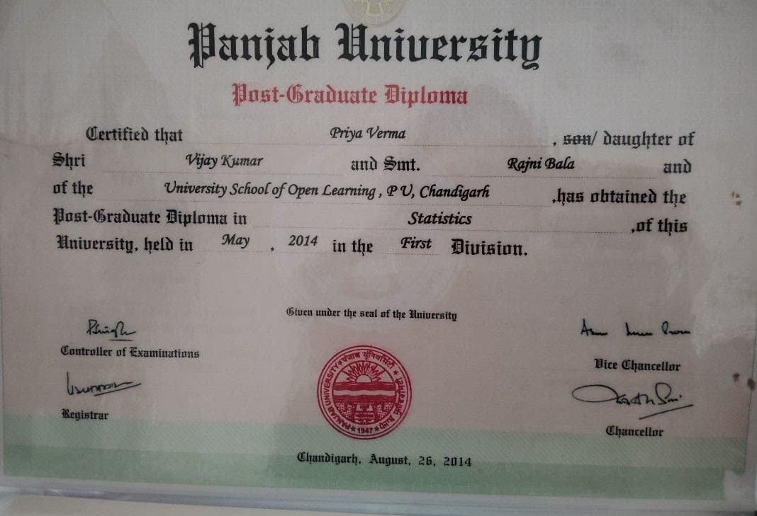 Verified degree or teaching certification of Priya