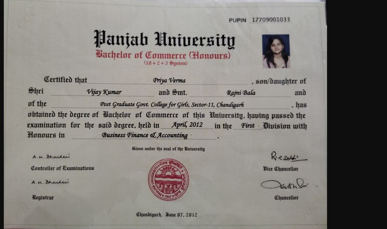 Verified degree or teaching certification of Priya