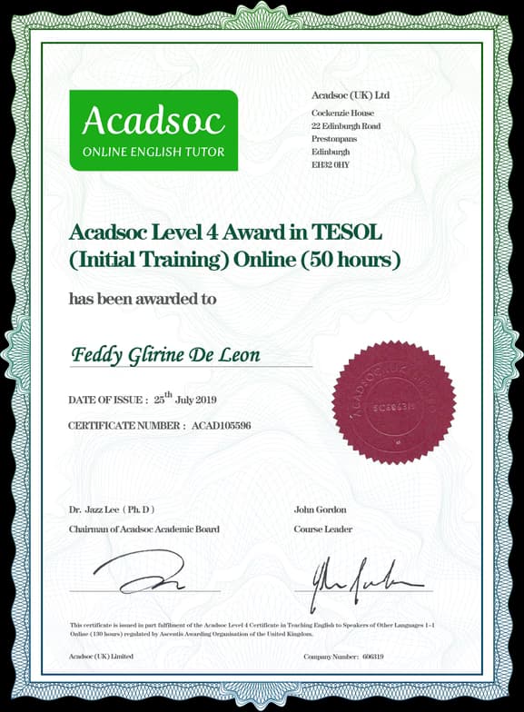Verified degree or teaching certification of Feddy Glirine