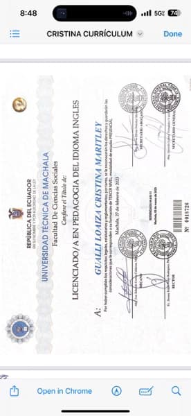 Verified degree or teaching certification of Cristina