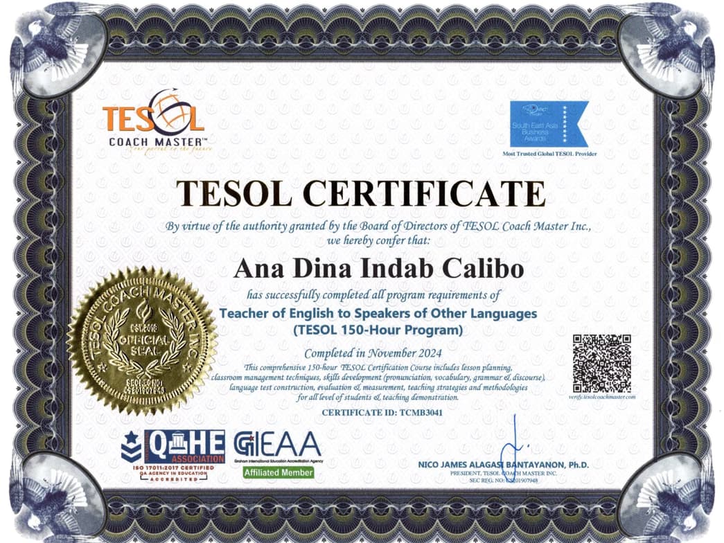 Verified degree or teaching certification of Ana Dina