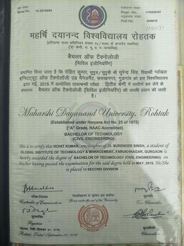 Verified degree or teaching certification of Rohit