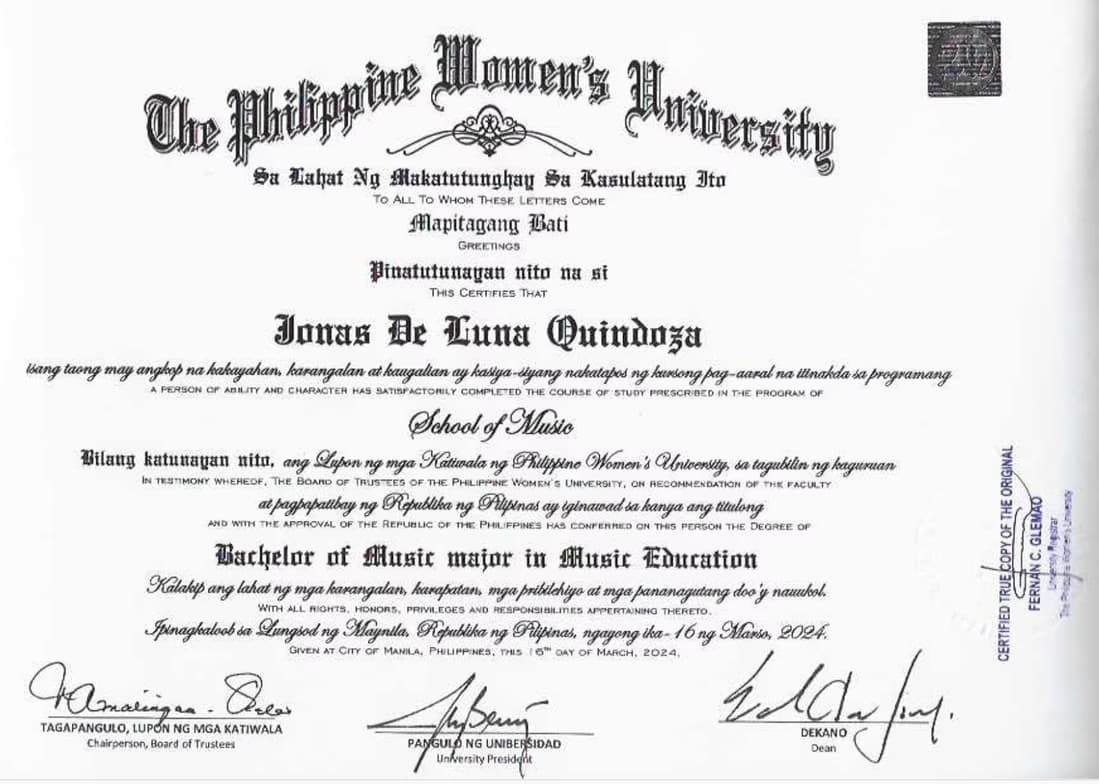 Verified degree or teaching certification of Jonas
