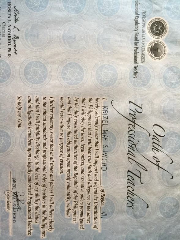 Verified degree or teaching certification of KRIZEL MAE