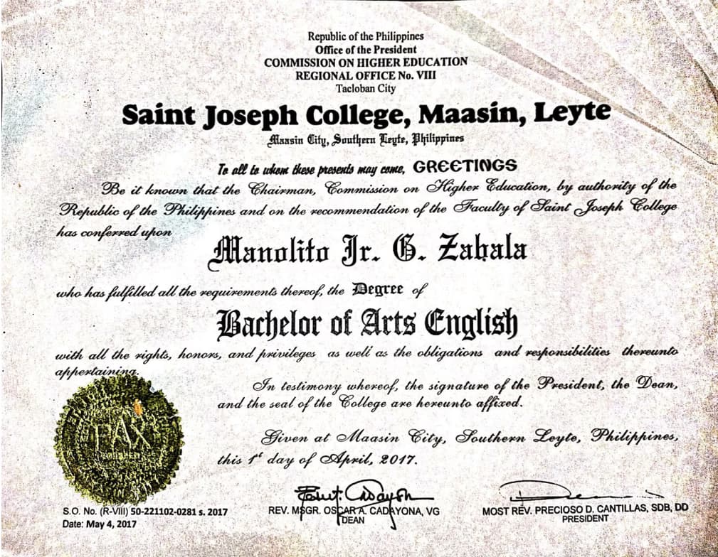 Verified degree or teaching certification of Manolito Jr