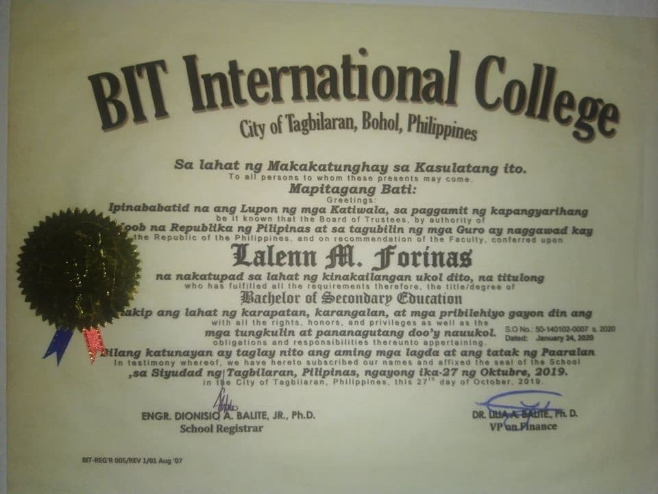 Verified degree or teaching certification of Lalenn
