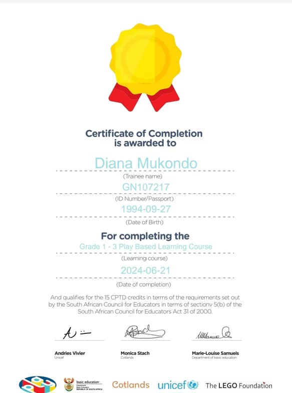 Verified degree or teaching certification of Diana