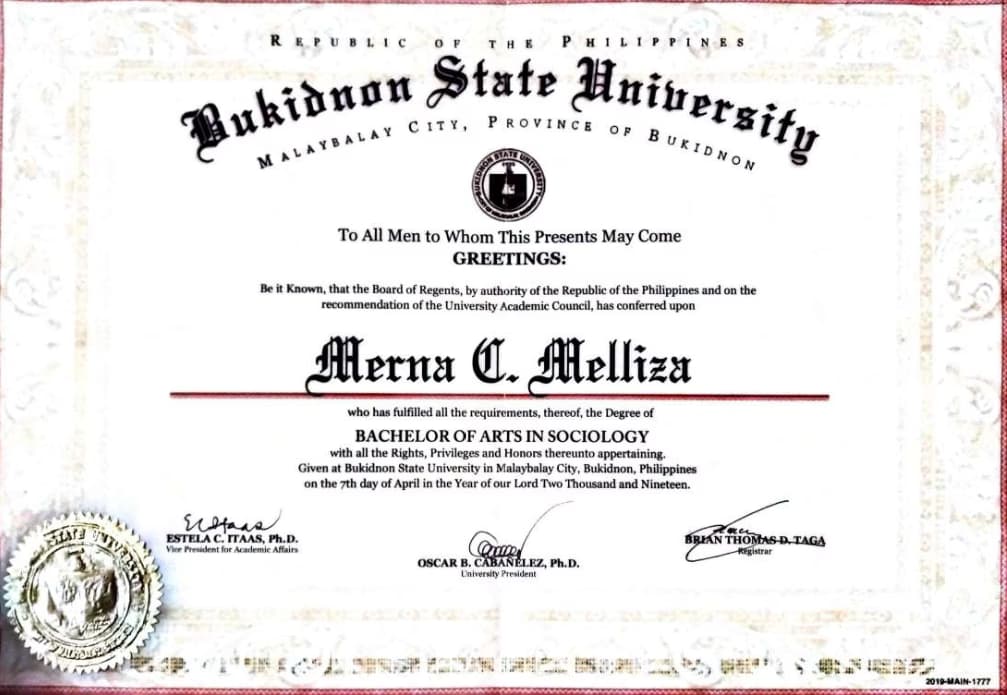 Verified degree or teaching certification of Merna