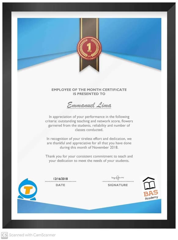 Verified degree or teaching certification of Emmanuel