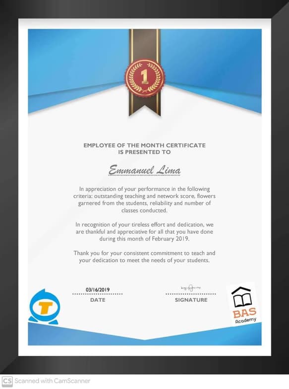 Verified degree or teaching certification of Emmanuel