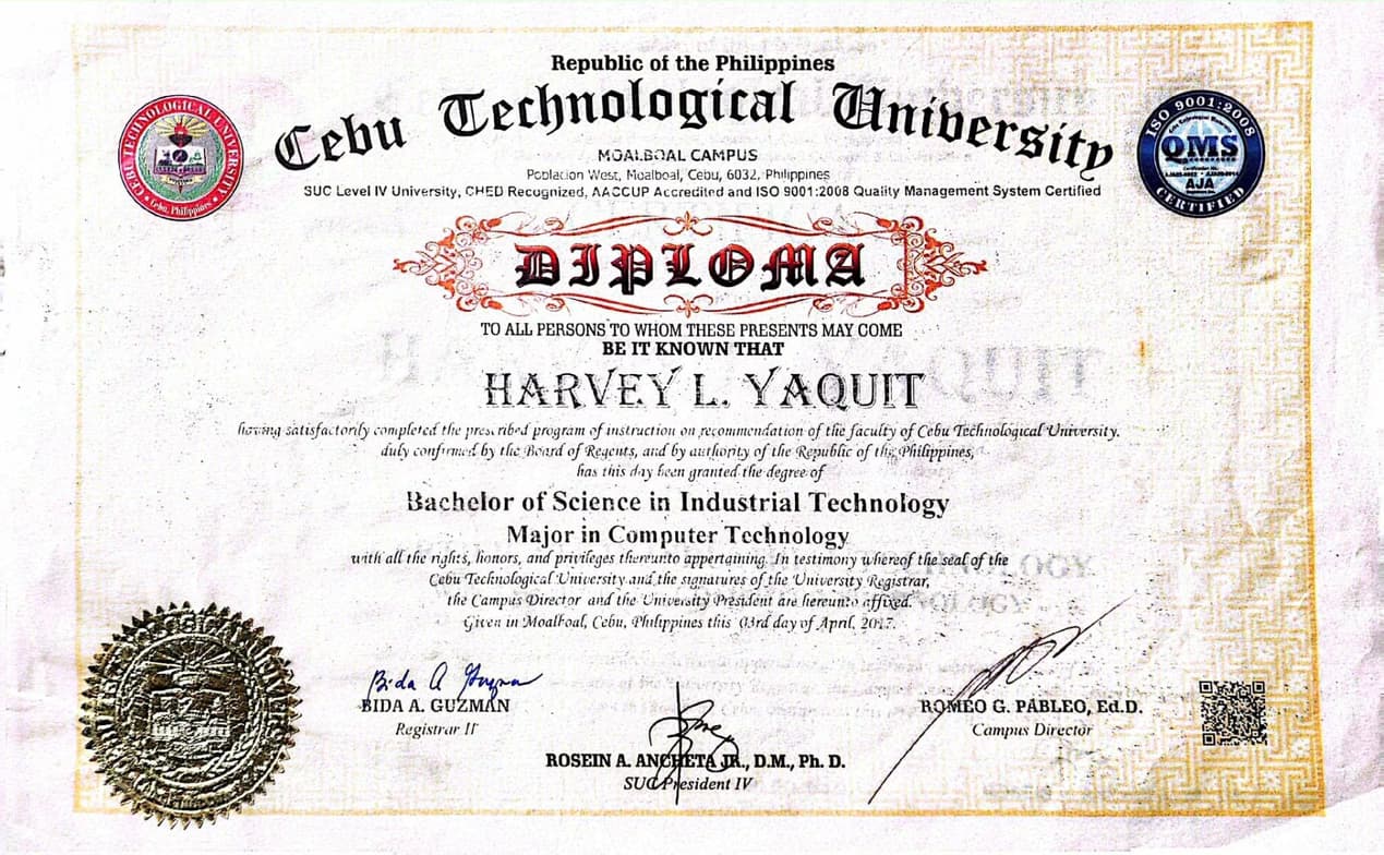 Verified degree or teaching certification of Harvey