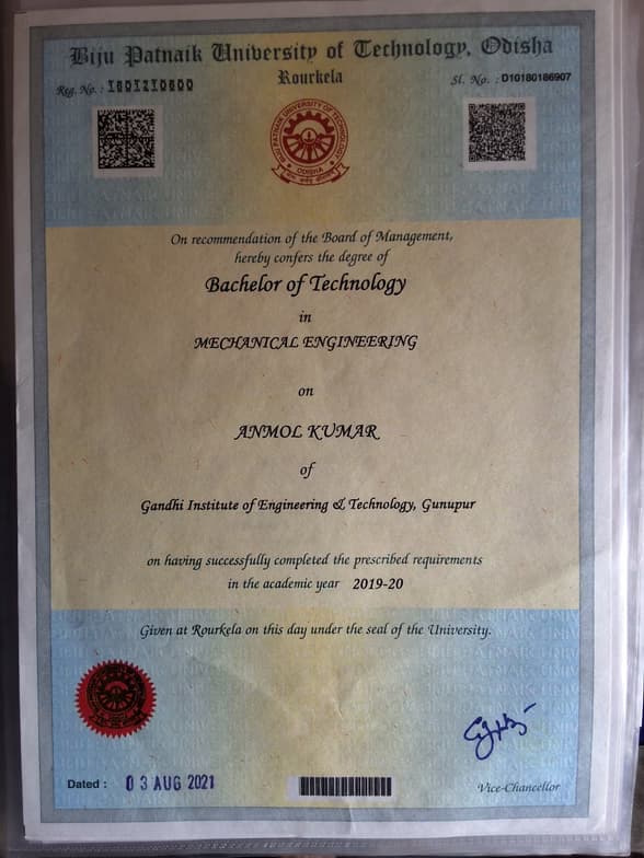 Verified degree or teaching certification of Anmol