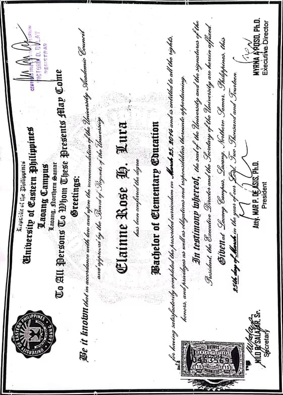 Verified degree or teaching certification of Elainne Rose