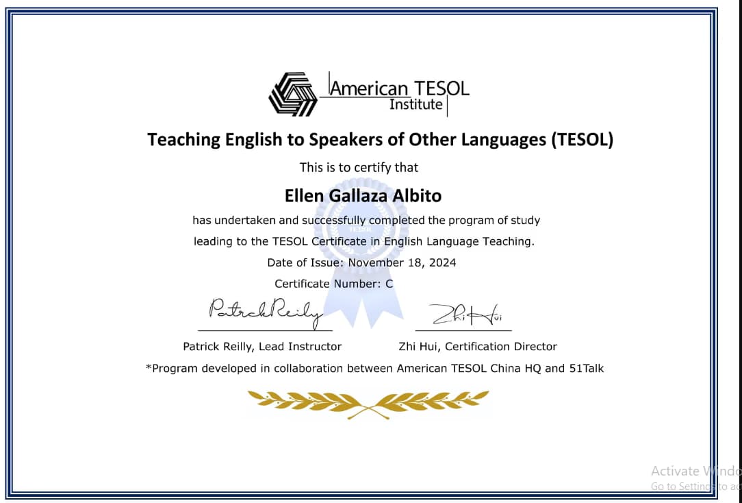 Verified degree or teaching certification of Ellen