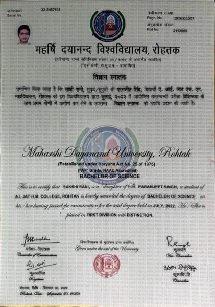 Verified degree or teaching certification of Sakshi