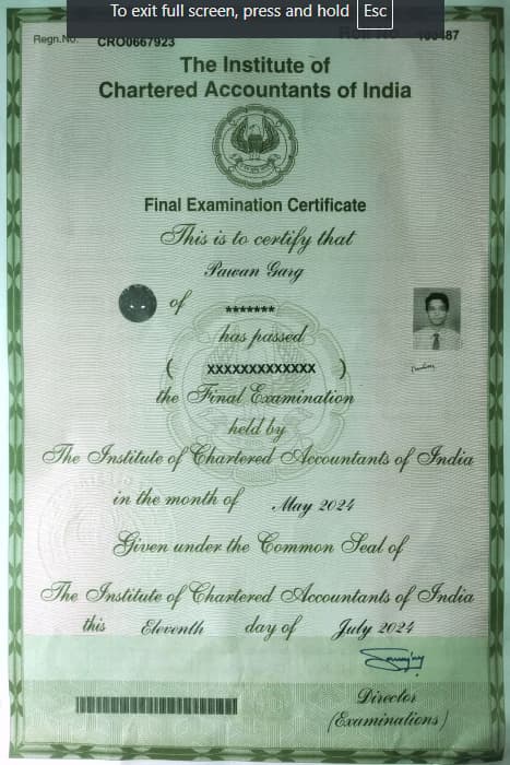 Verified degree or teaching certification of CA Pawan