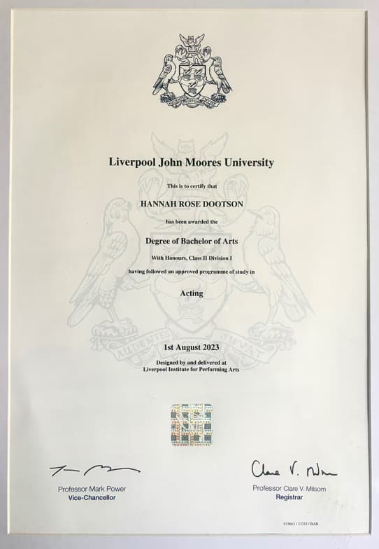 Verified degree or teaching certification of Hannah