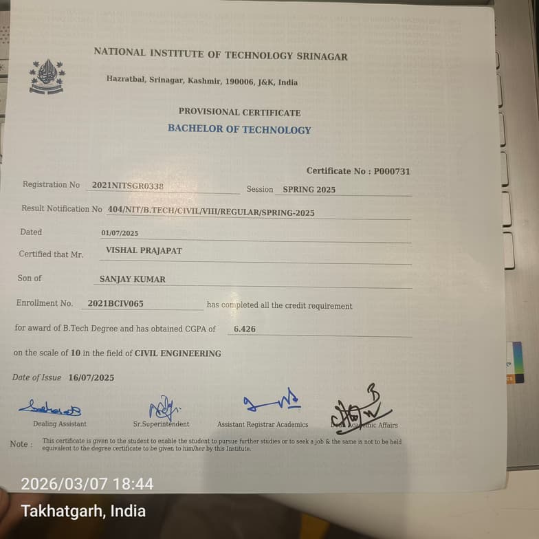 Verified degree or teaching certification of Vishal