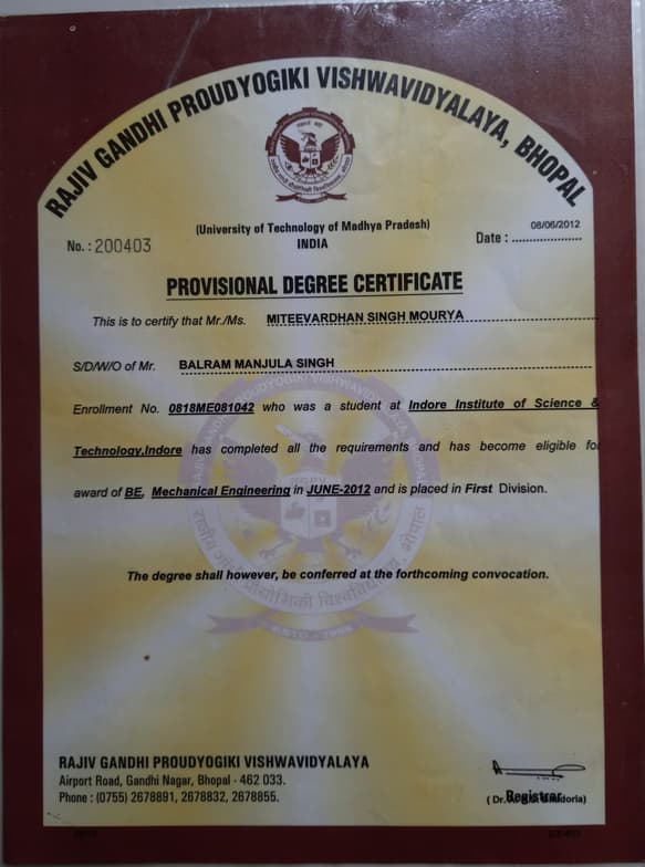 Verified degree or teaching certification of Miteevardhan Singh