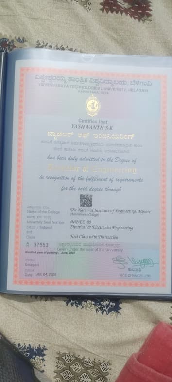 Verified degree or teaching certification of Yashwanth