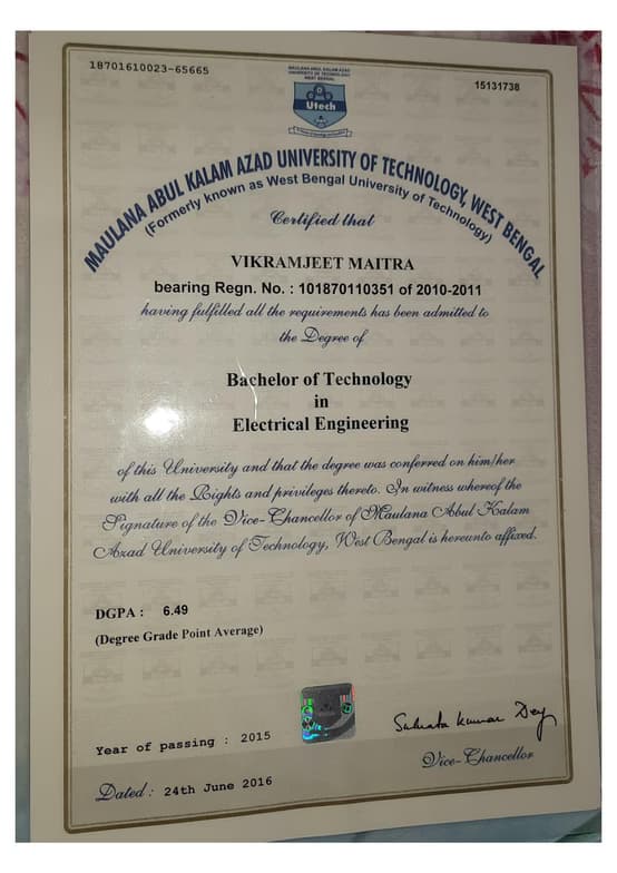 Verified degree or teaching certification of Vikramjeet