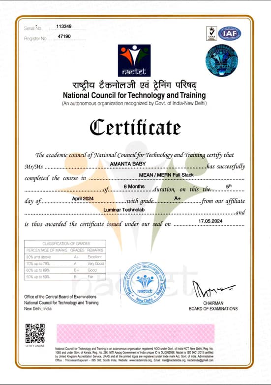 Verified degree or teaching certification of Amanta