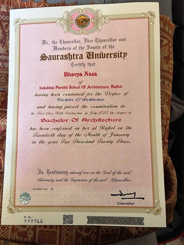 Verified degree or teaching certification of Architect Bhavya