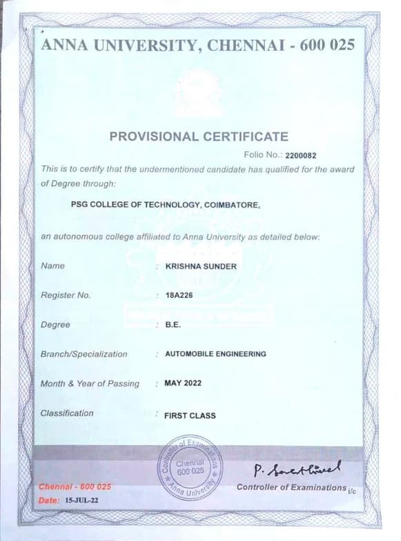 Verified degree or teaching certification of krishna