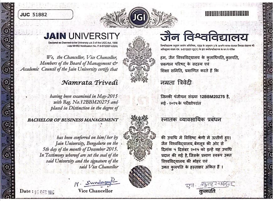 Verified degree or teaching certification of Namrata