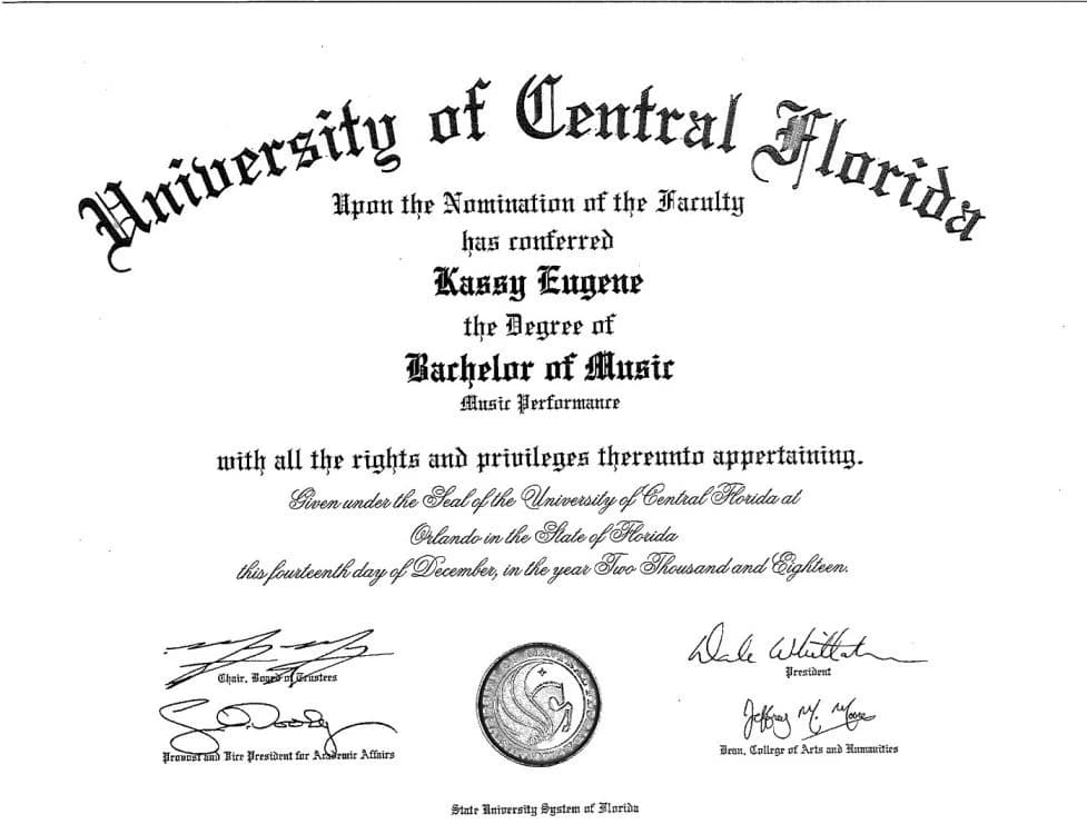 Verified degree or teaching certification of Kassy