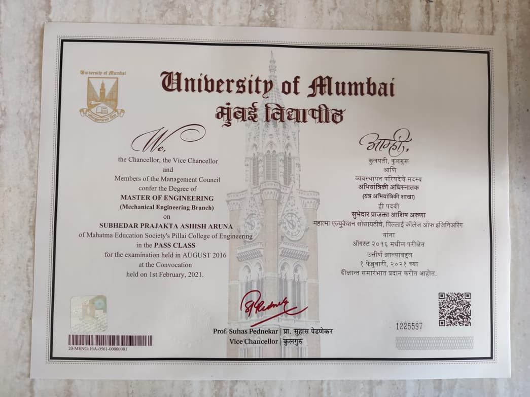 Verified degree or teaching certification of Prajakta