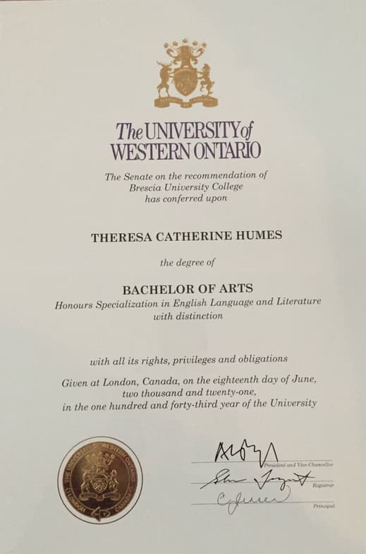 Verified degree or teaching certification of Tess