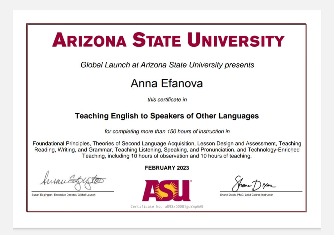 Verified degree or teaching certification of Anna