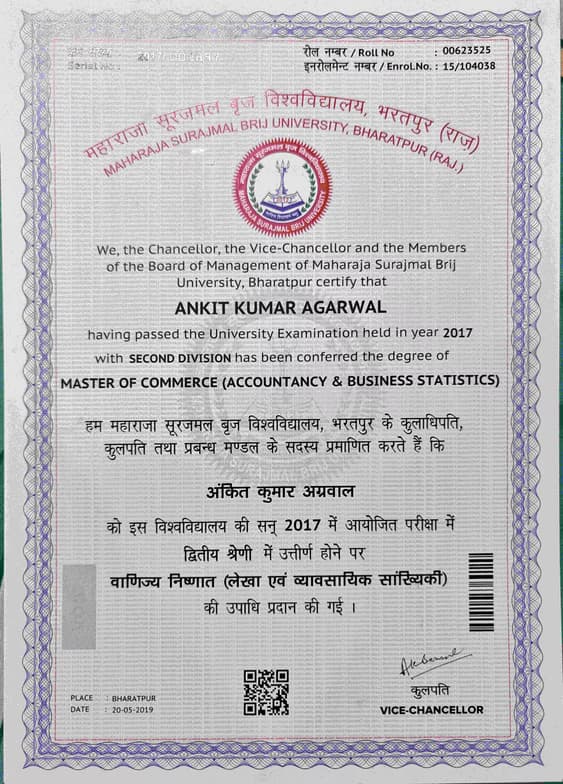 Verified degree or teaching certification of Ankit