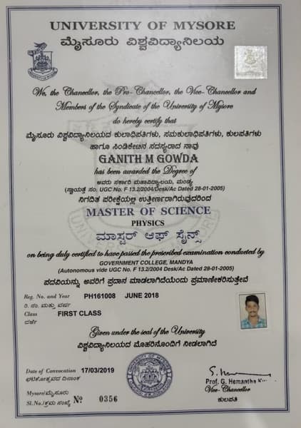 Verified degree or teaching certification of Ganith