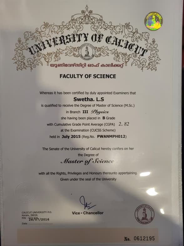 Verified degree or teaching certification of Swetha