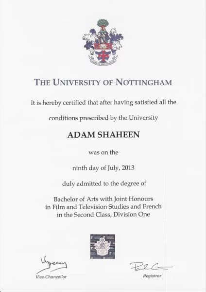 Verified degree or teaching certification of Adam