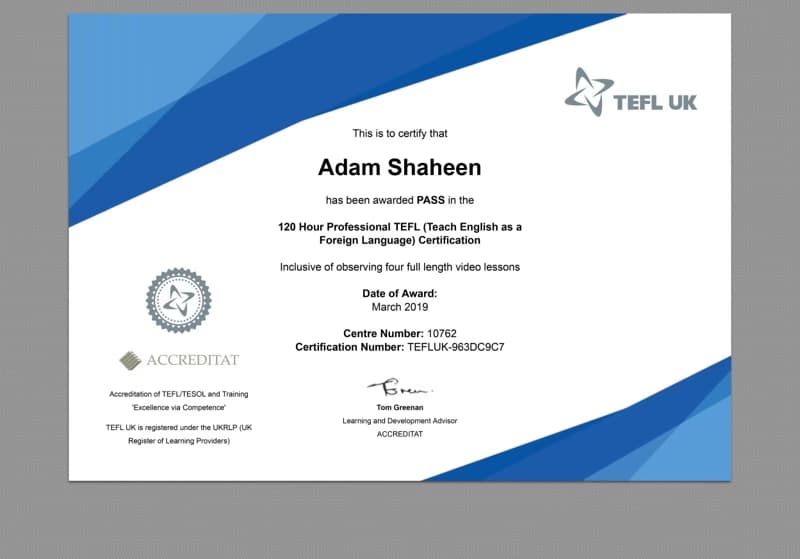 Verified degree or teaching certification of Adam