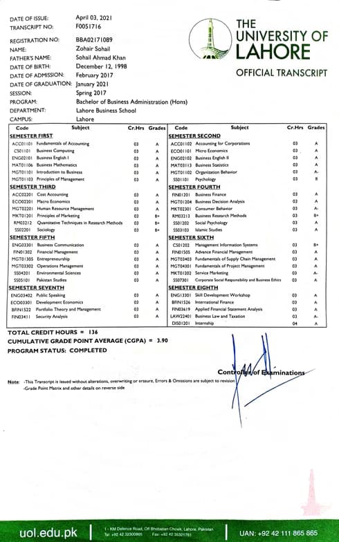 Verified degree or teaching certification of Zohair