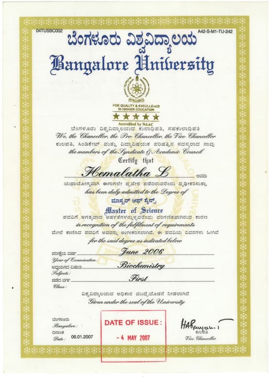 Verified degree or teaching certification of Hemalatha