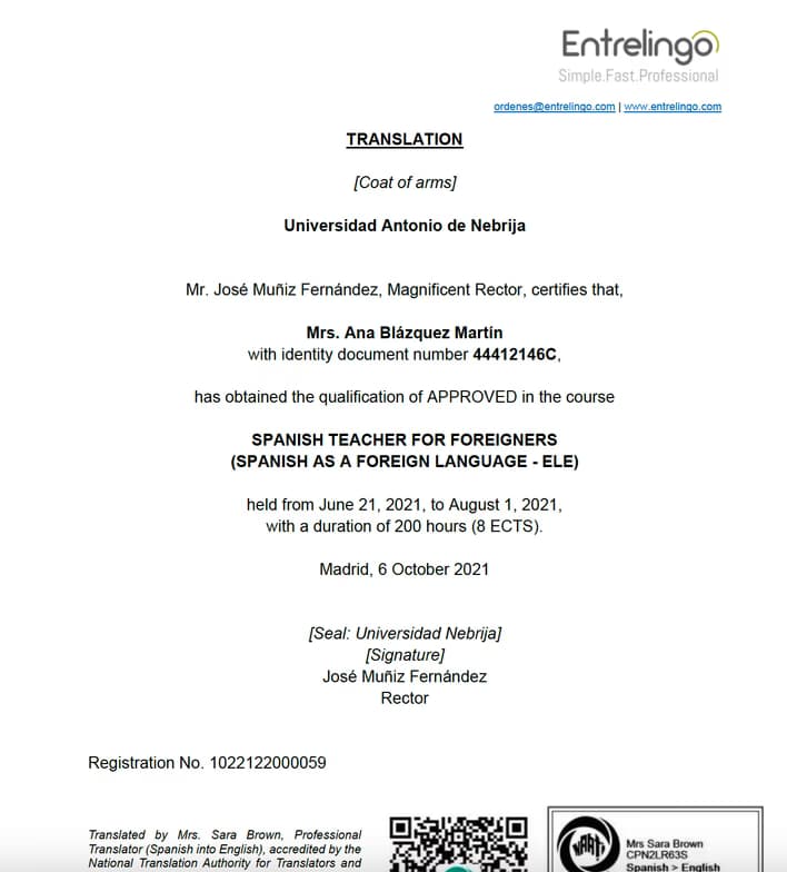 Verified degree or teaching certification of Ana