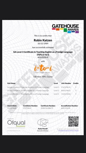 Verified degree or teaching certification of Robin
